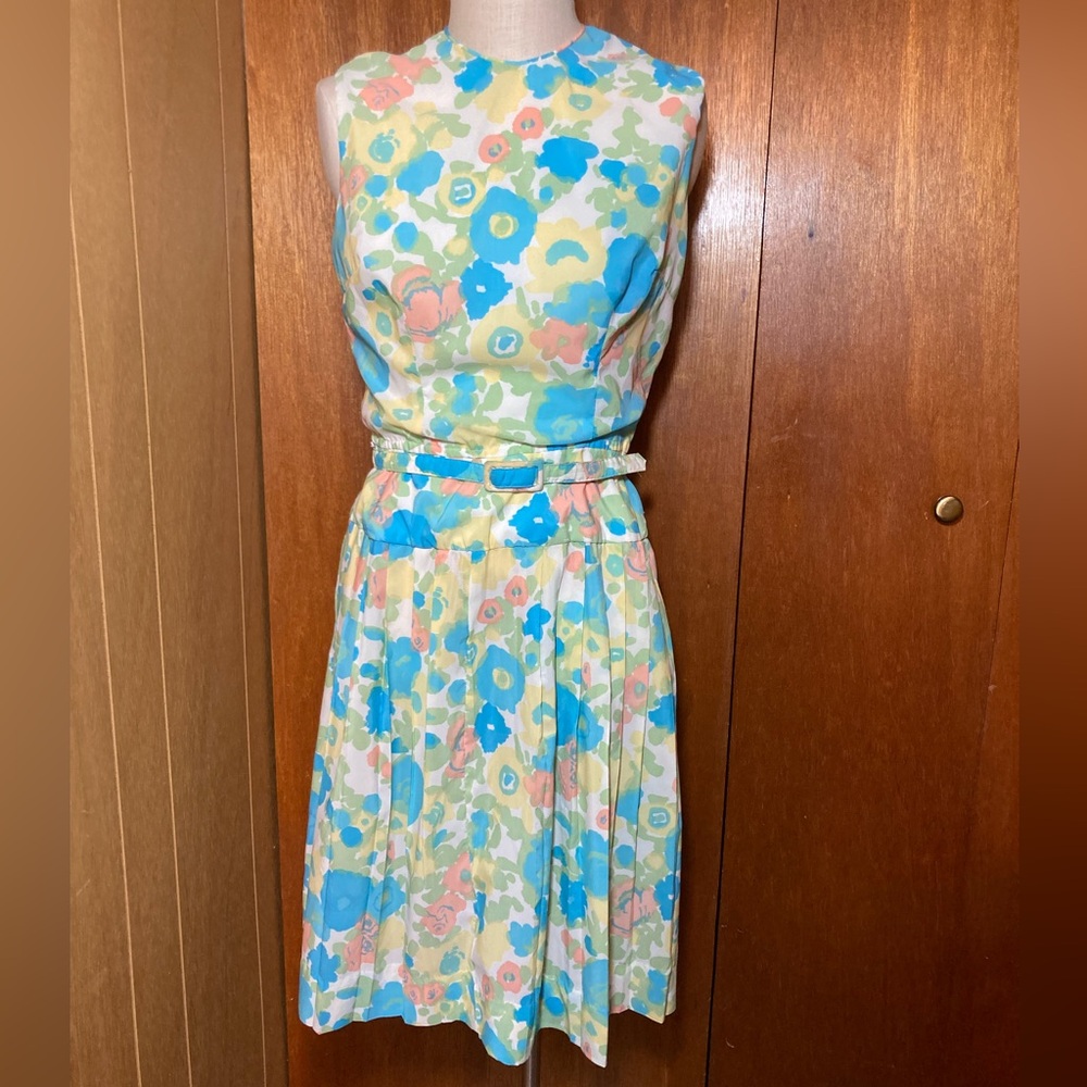 Vintage Floral Midi Dress - Blue & Yellow